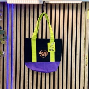 WOW🔥🧡 NEW TRADER JOES Black Orange Purple Canvas Tote Bag, embroidered letters.